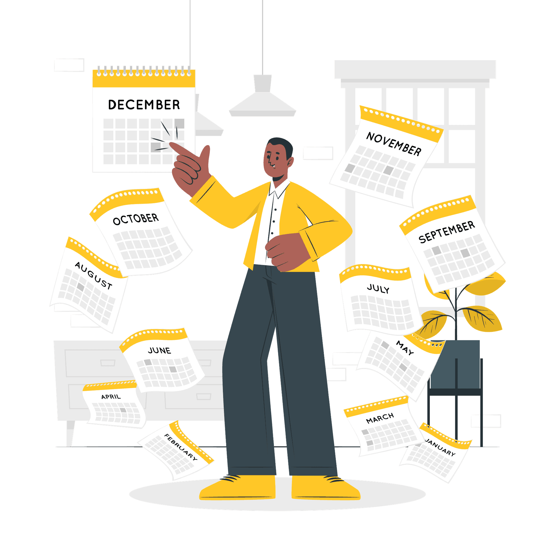 Illustration of a man with all months of the year